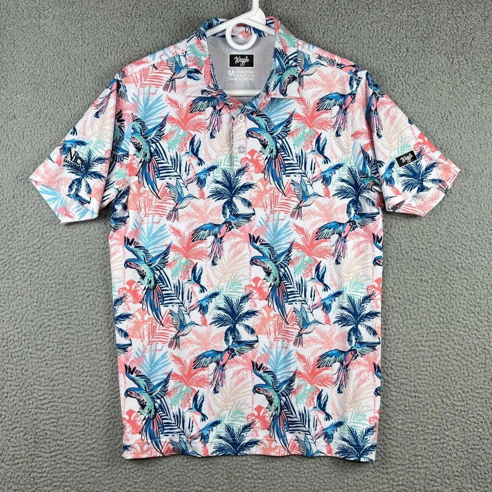 Waggle Mens Golf Polo Shirt Medium multicolor Tropical Bird Palm Performance - Picture 1 of 11